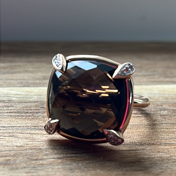 14k solid rose gold, Smokey Quartz and White Sapphire Cocktail Ring - Size 7 - Picture 1 of 8
